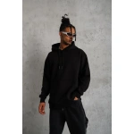 Erkek 3 İplik Pamuklu Kapüşonlu Kanguru Cepli Düz Oversize Hoodie Sweatshirt - Görsel 2