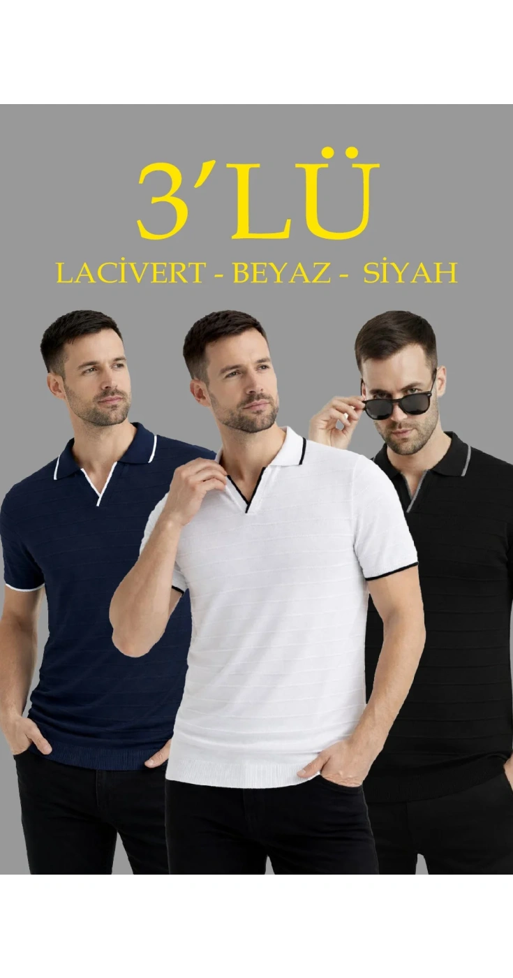 Erkek Kısa Kol Triko Polo Yaka Düğmesiz T-Shirt 3'lü Set Lacivert-Beyaz