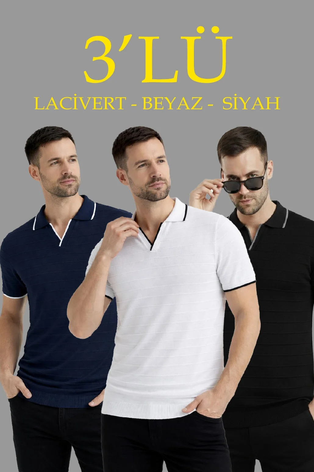 697f5d7eae3eb-78996593-sw1030sh1545 Erkek Kısa Kol Triko Polo Yaka Düğmesiz T-Shirt 3'lü Set Lacivert-Beyaz - Görsel 1