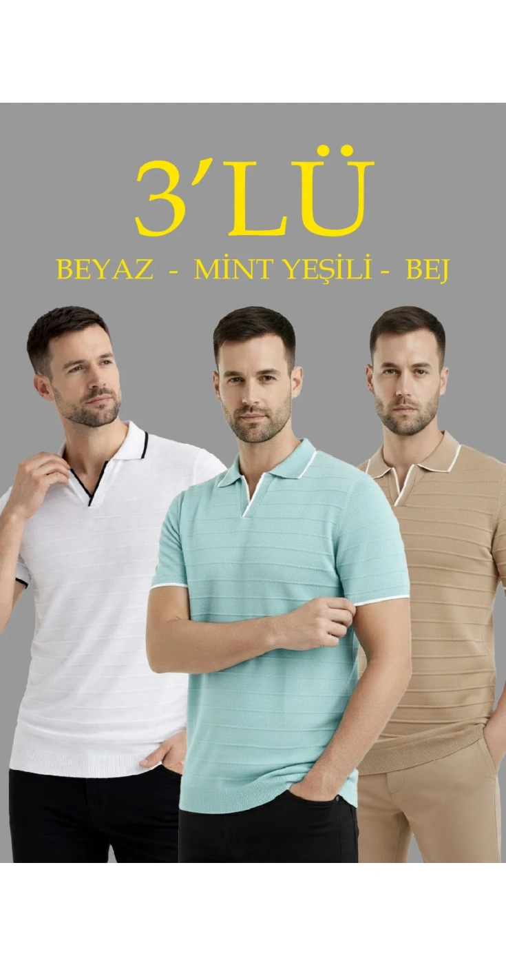 Erkek Kısa Kol Triko Polo Yaka Düğmesiz T-Shirt 3'lü Set Beyaz-Mint yeşili