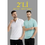 Erkek Kısa kol Fitilli Triko Polo Yaka Düğmesiz T-shirt 2'li Set Beyaz