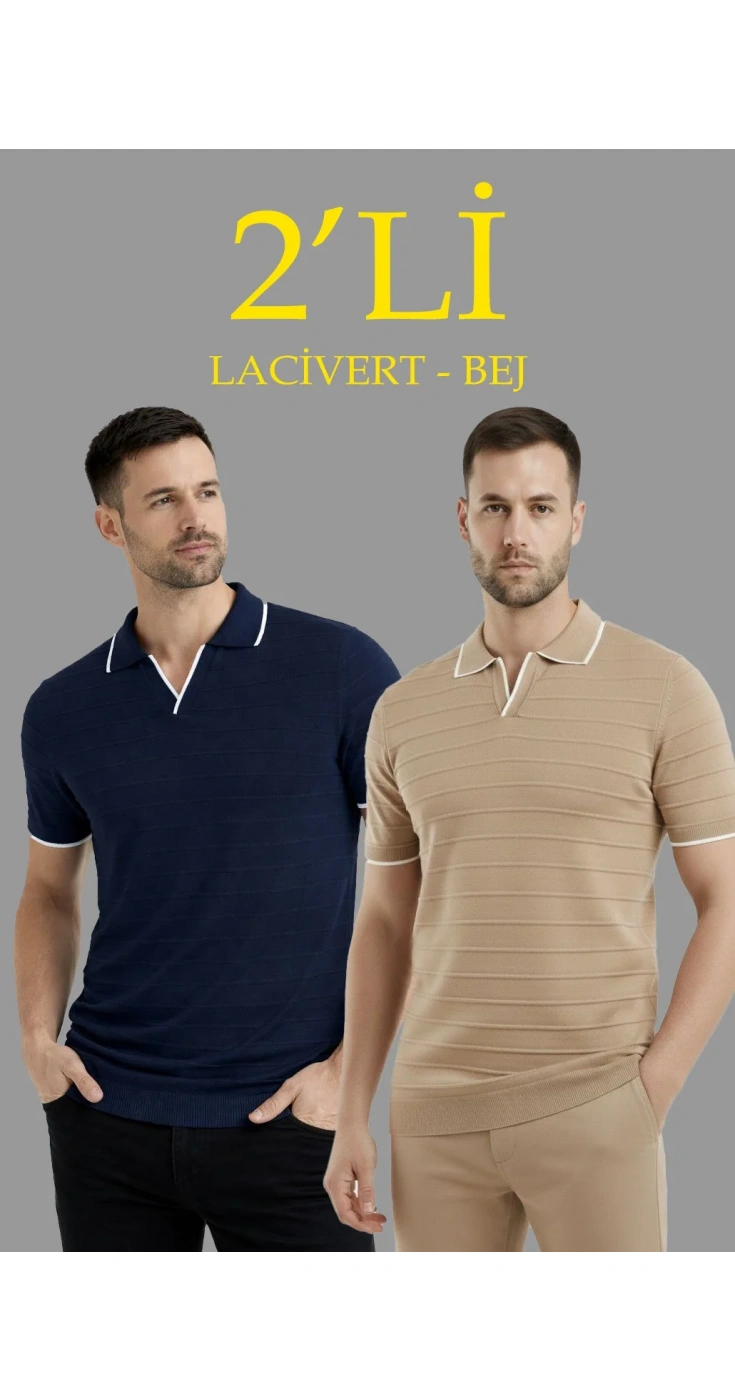 Erkek Kısa kol Fitilli Triko Polo Yaka Düğmesiz T-shirt 2'li Set Lacivert