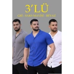 Erkek Waffle Kumaş Yakalı Kısa Kol Düğmeli Gömlek 3’lü Set Gri-Saks Mavisi