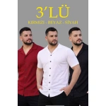 Erkek Waffle Kumaş Yakalı Kısa Kol Düğmeli Gömlek 3’lü Set Siyah-Kırmızı
