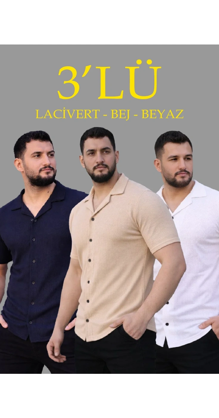 Erkek Waffle Kumaş Yakalı Kısa Kol Düğmeli Gömlek 3’lü Set Bej-Beyaz