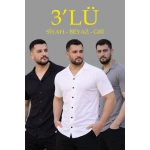 Erkek Waffle Kumaş Yazlık Yakalı Kısa Kol Düğmeli Gömlek 3’lü Set Siyah-Beyaz