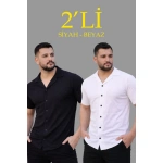 Erkek Waffle Kumaş Açık Yakalı Düğmeli Regular Fit Gömlek 2’li Set Siyah