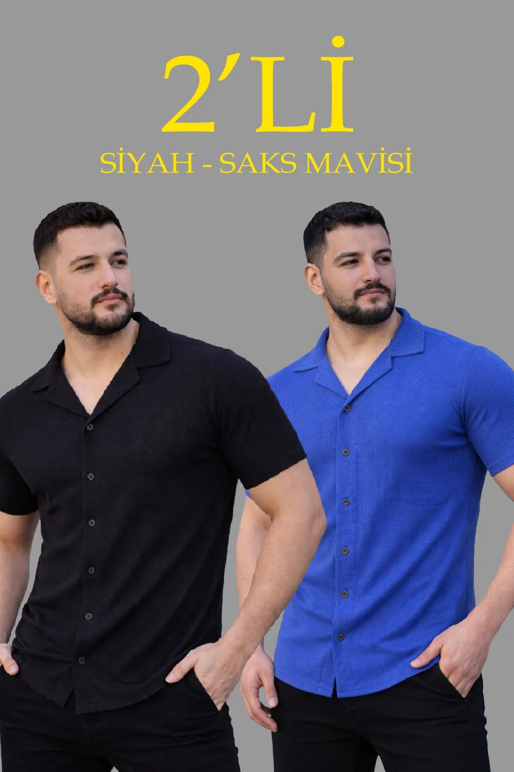 698083407734e-48420494-sw1030sh1545 Erkek Waffle Kumaş Açık Yakalı Düğmeli Regular Fit Gömlek 2’li Set Siyah - Görsel 1