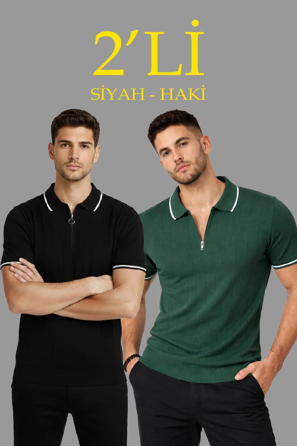 6980dcf64d1c4-20709448-sw1030sh1545 Erkek Triko Tişört Fermuarlı Polo Yaka Yazlık Kısa Kol T-Shirt 2’li Set Haki - Görsel 1
