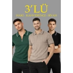 Erkek Triko Tişört Fermuarlı Polo Yaka Kısa Kol T-Shirt 3’lü Set Siyah-Kahve