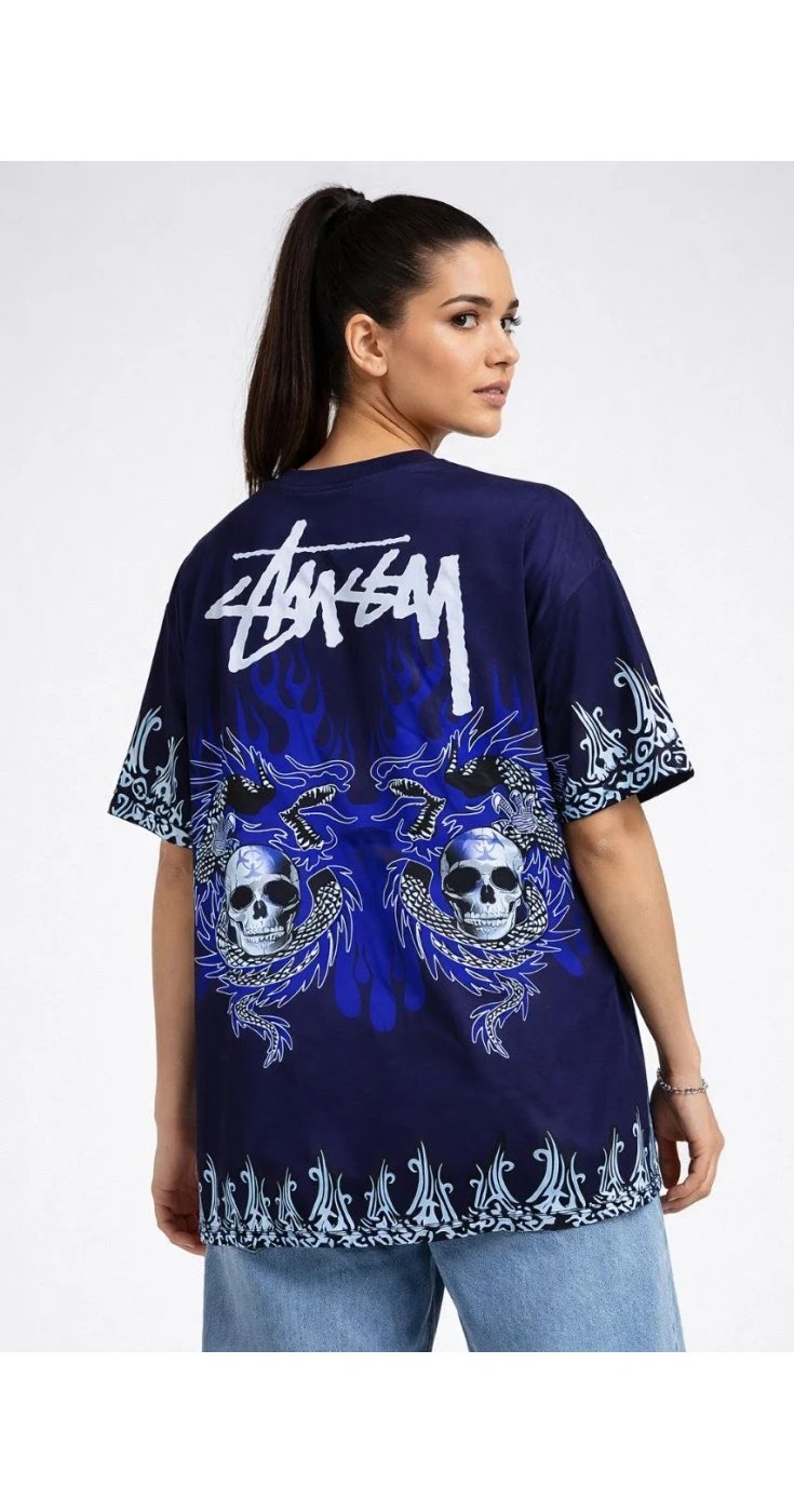 Kadın Oversize Tişört Dragon & Kuru Kafa Baskılı Bisiklet Yaka T-Shirt