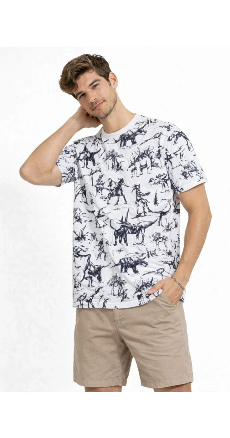Erkek Dinozor Dijıtal ön ve arka Baskılı Tişört Bisiklet Yaka T-Shirt