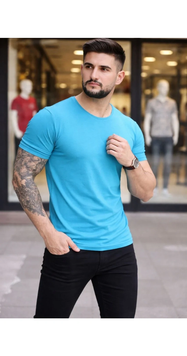 Erkek Body Tişört Bisiklet Yaka Slim Fit Likralı T-Shirt
