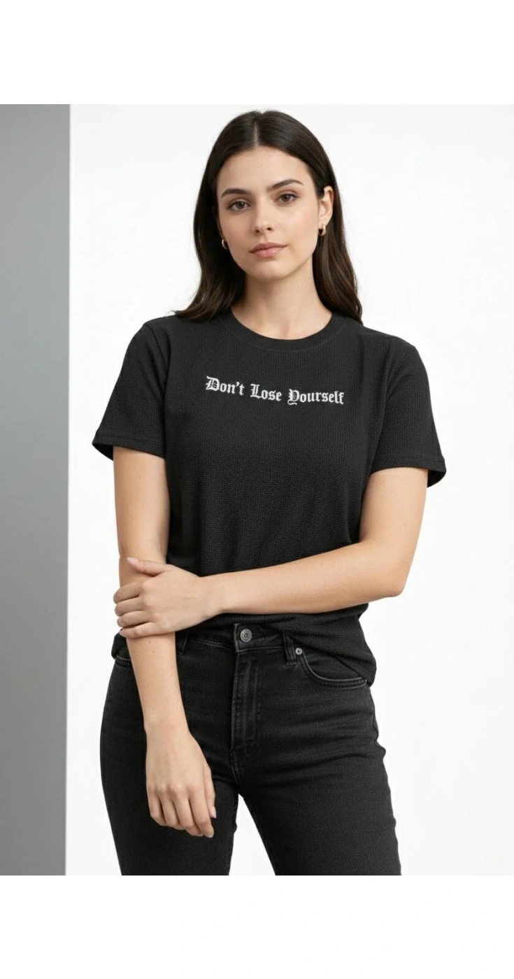 Kadın Wafıl Kumaş Tişört Regular Kalıp Bisiklet Yaka Baskılı T-Shirt