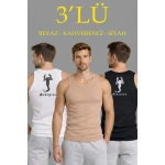 Erkek Spor Fitilli Kaşkorse Arka Basklı Atlet 3'lü Set Beyaz-Siyah