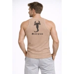 Erkek Spor Slimfit Fitilli Kaşkorse Arka Basklı Atlet 2'li Set Kahverengi - Görsel 2