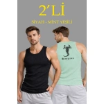 Erkek Spor Slimfit Fitilli Kaşkorse Arka Basklı Atlet 2'li Set Siyah