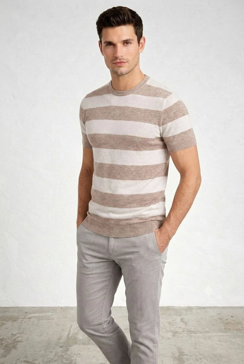 69a1adc8ea272-43915455-sw848sh1264 Erkek T-shirt Çizgili Triko Dokuma Bisiklet Yaka Tişört - Görsel 1