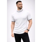 Erkek Fitilli Triko Dokuma Kısa Kol Tişört Yarım Boğaz Modern Yazlık T-Shirt