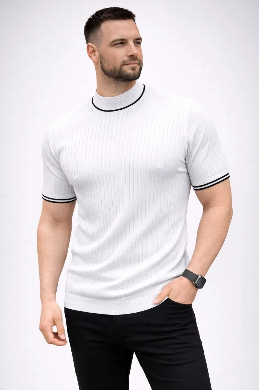 69c95339f1fc7-766086-sw853sh1280 Erkek Fitilli Triko Dokuma Kısa Kol Tişört Yarım Boğaz Modern Yazlık T-Shirt - Görsel 1