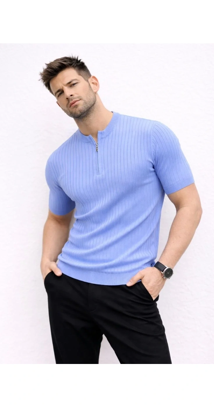 Erkek Kısa Kol Fitilli Triko T-Shirt Yazlık Hakim Yaka Tişört