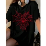 Kadın Örümcek Ağ Baskılı T-Shirt Kısa Kol Bisiklet Yaka Ovarsize Tişört
