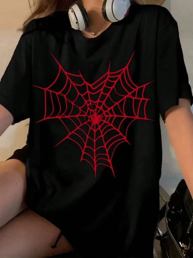 baskili-kadin-t-shirt-siyah-27744756-sw769sh1024 Kadın Örümcek Ağ Baskılı T-Shirt Kısa Kol Bisiklet Yaka Ovarsize Tişört - Görsel 1