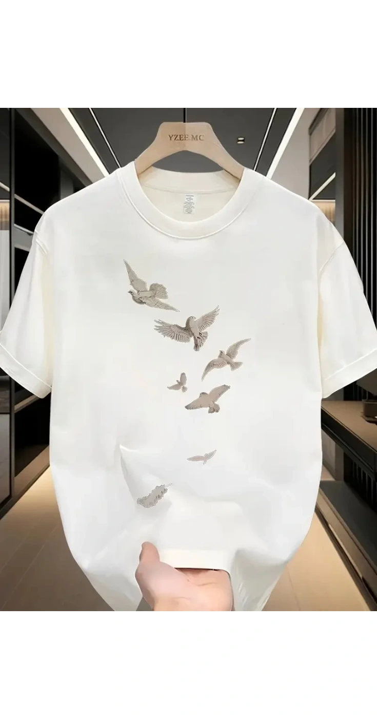 ERKEK Bisiklet yaka Tişört Özgür kuşlar Baskılı kısa kol T-shirt