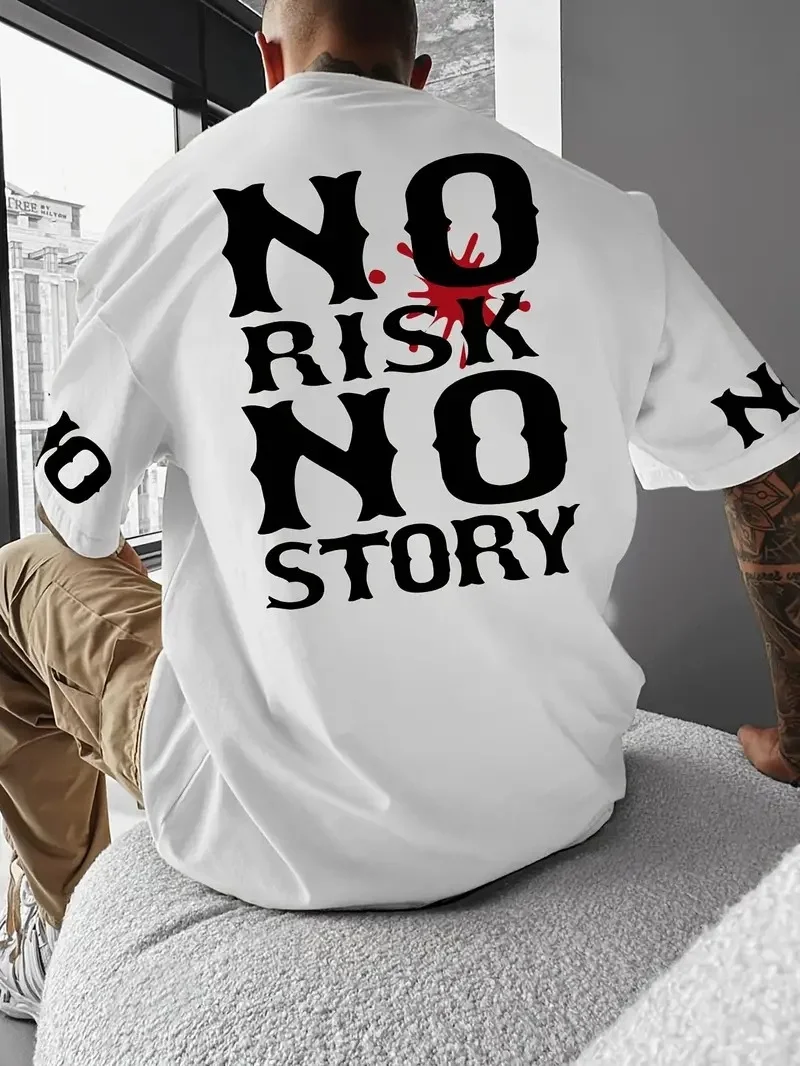 baskili-oversize-bisiklet-yaka-t-shirt-beyaz-6123761-sw800sh1066 ERKEK T-Shirt No Risk No Story Baskılı Bisiklet Yaka Tişört - Görsel 1
