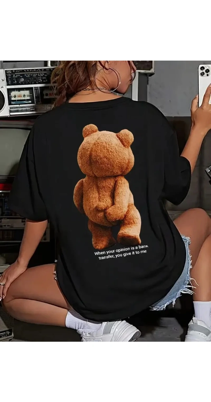 Kadın Tişört Büyük Boy Ayıcık Baskılı Bisiklet Kısa kol t-shirt