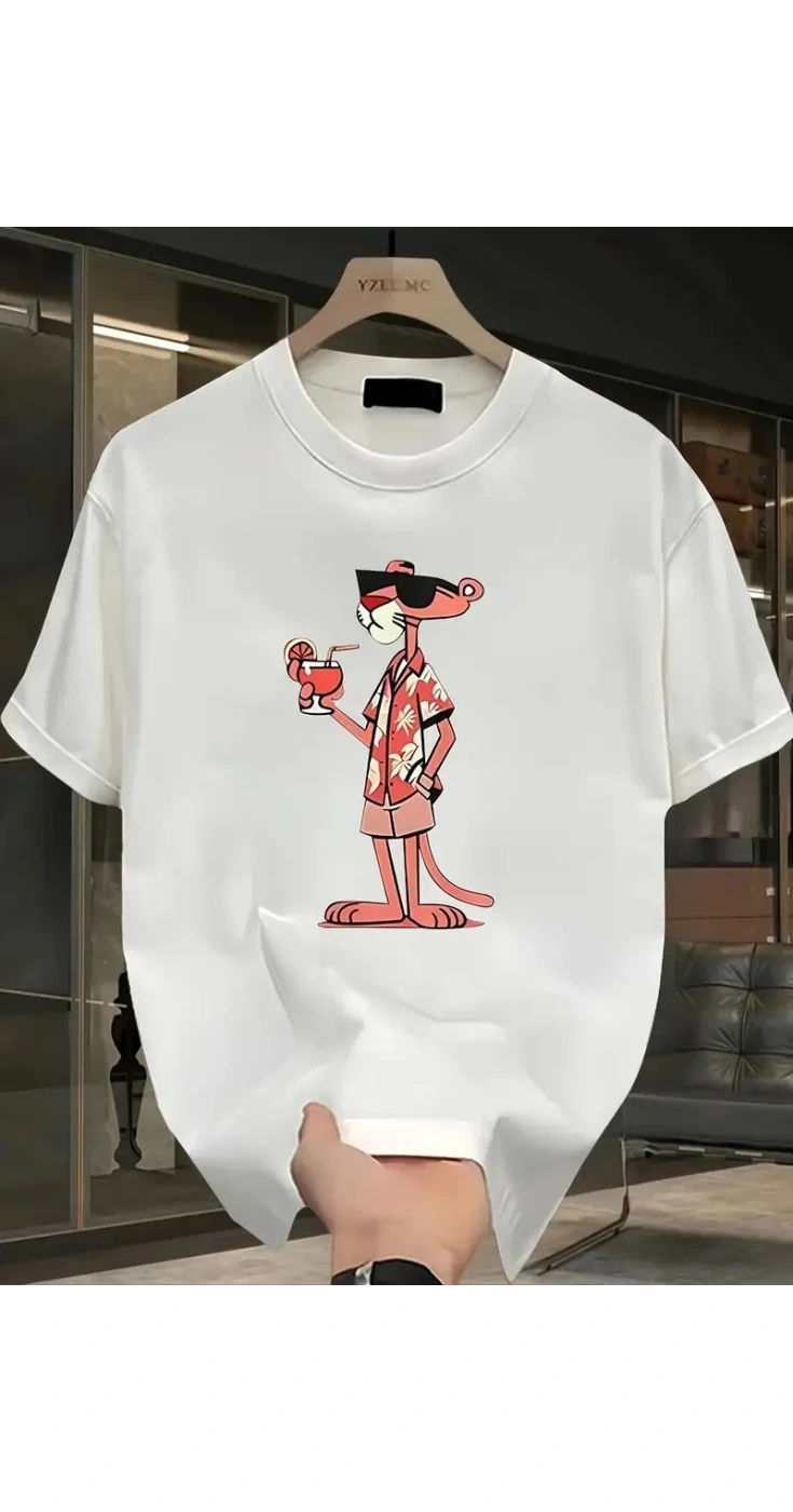 Erkek Bisiklet yaka t-shirt Pembe Panter Baskılı Kısa Kollu Tişört