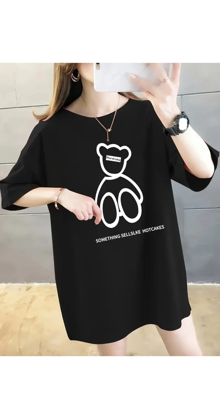Kadın Tişört Penye Compack Baskılı Oversize Bisiklet Yaka T-shirt