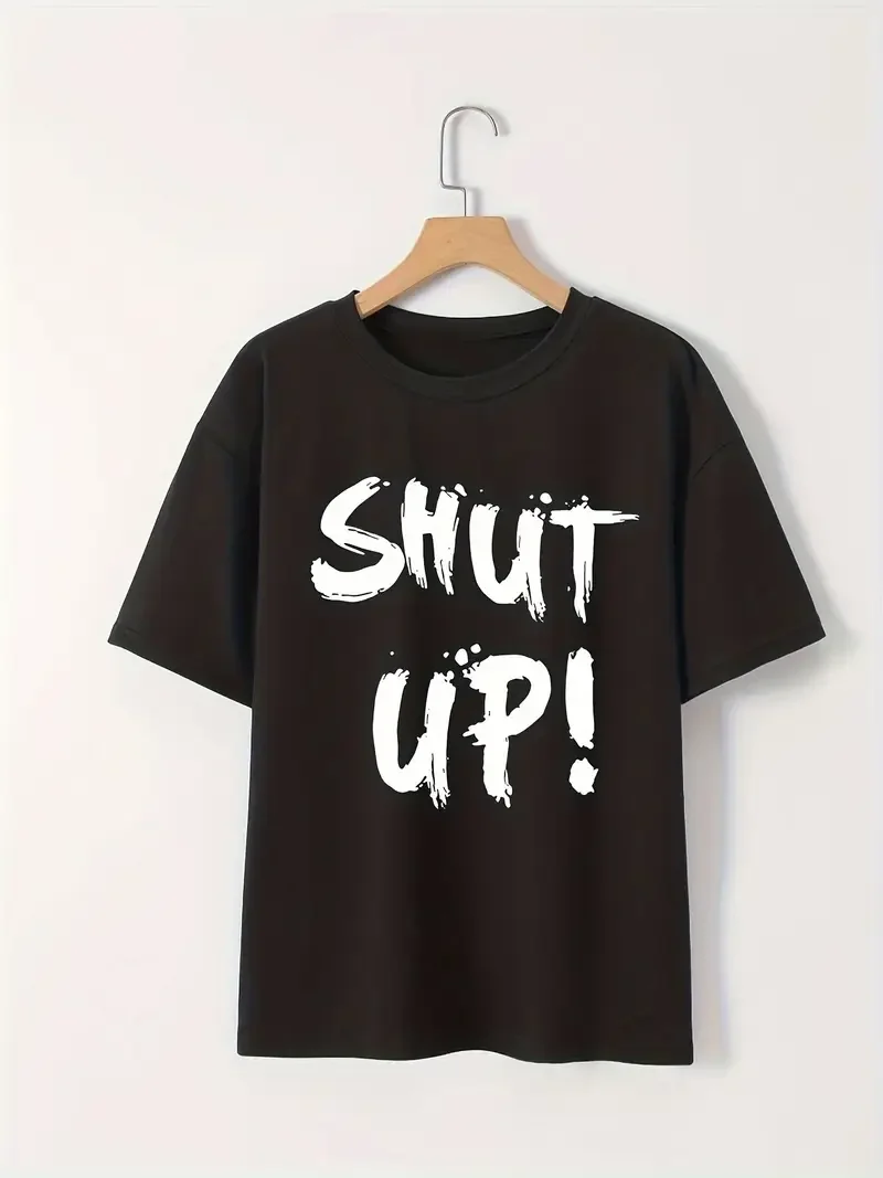 baskili-oversize-bisiklet-yaka-t-shirt-siyah-71333396-sw800sh1067 Kadın Tişört Shut Up Baskılı Kısa Kol Bisiklet Yaka T-Shirt - Görsel 1