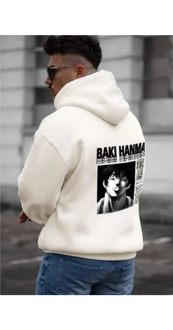 Erkek 3 İplik Pamuklu Kapüşonlu Kanguru Cepli Baskılı Oversize Hoodie Sweatshirt