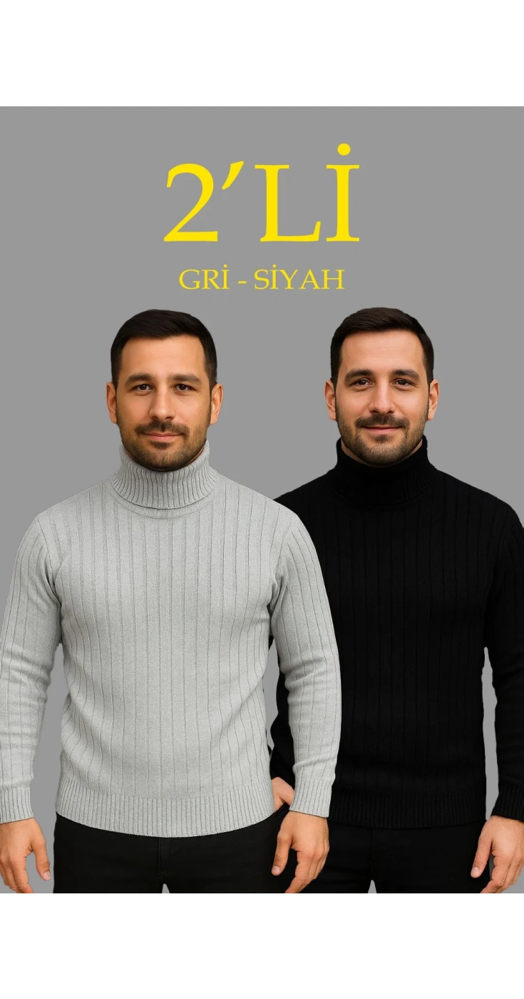 Erkek Fitilli Kazak Tam Boğazlı Balıkçı Yaka Triko 2'li Set Gri