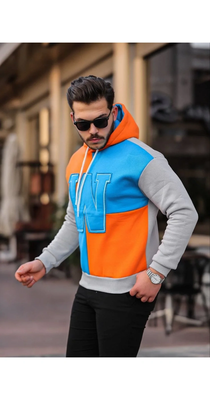 Erkek W Nakış İşlemeli Kapüşonlu üç iplik pamuklu  Sweatshirt