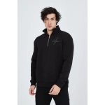 Erkek Yarım Fermuarlı Baskılı üç iplik pamuklu sweatshirt - Görsel 3