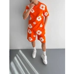 Erkek İki İplik Kumaş Oversize Baskılı T-shirt Şortlu ikili Alt-Üst Takım