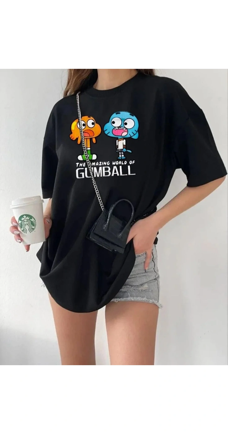 Kadın Kısa kol Tişort Bisiklet Yaka Baskılı Oversize T-Shirt