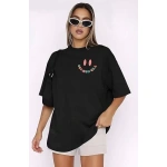 Kadın Baskılı T-Shirt Kısa Kol Bisiklet Yaka Ovarsize Rahat Kalıp Tişört - Görsel 4