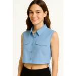 Kadın Crop Poplin Gömlek Yalancı Cepli Ayarlanabilir Yan Kordonlu