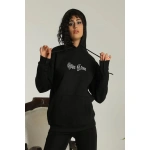 Kadın Oversize Üç İplik Kapüşonlu Sweatshirt Siyah Other Lives Ön ve Arka Baskılı Şardonlu