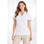 Kadın Yazlık Dokuma Triko Tişört Düğmesiz Polo Yaka Kısa Kol T-Shirt - Görsel 4