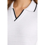 Kadın Yazlık Dokuma Triko Tişört Düğmesiz Polo Yaka Kısa Kol T-Shirt - Görsel 6