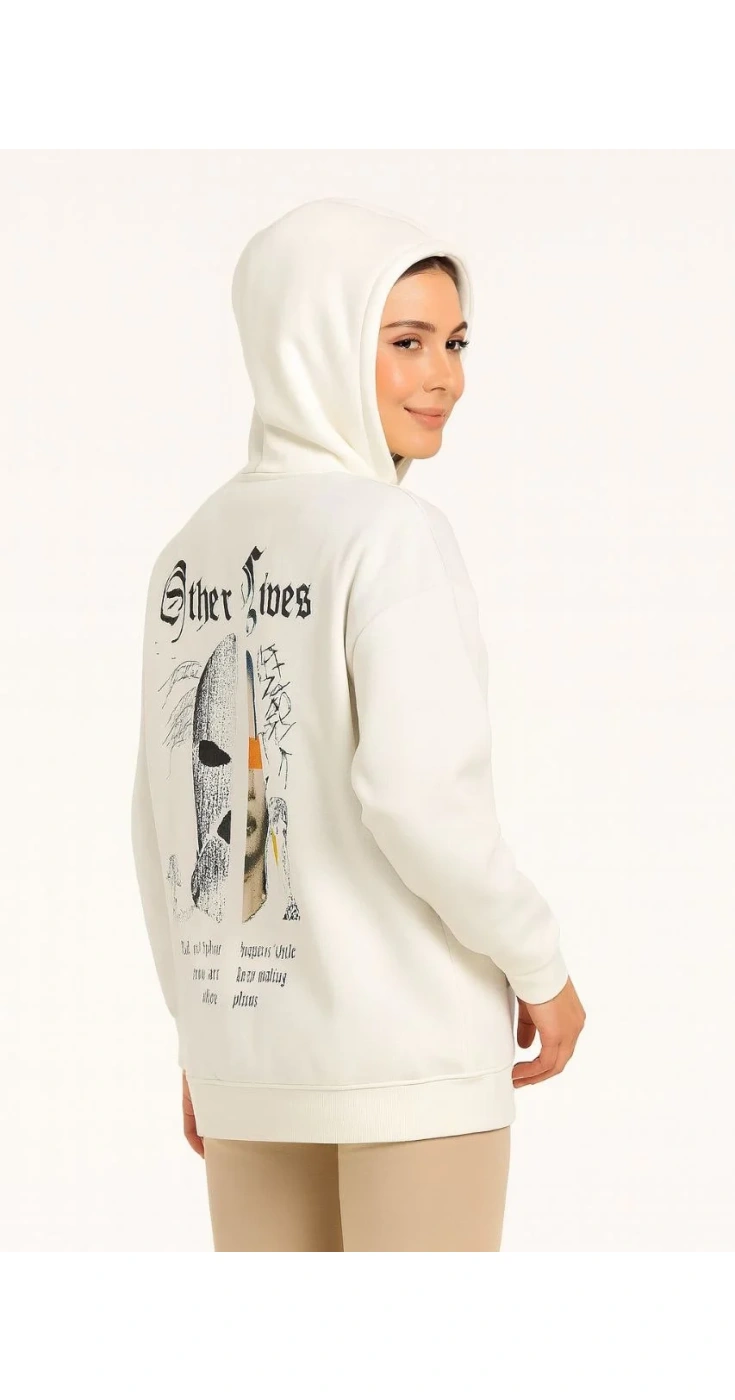 Kadın Kapşonlu Sweatshirt Oversize Üç İplik Şardonlu Other Lives Ön Arka Baskılı
