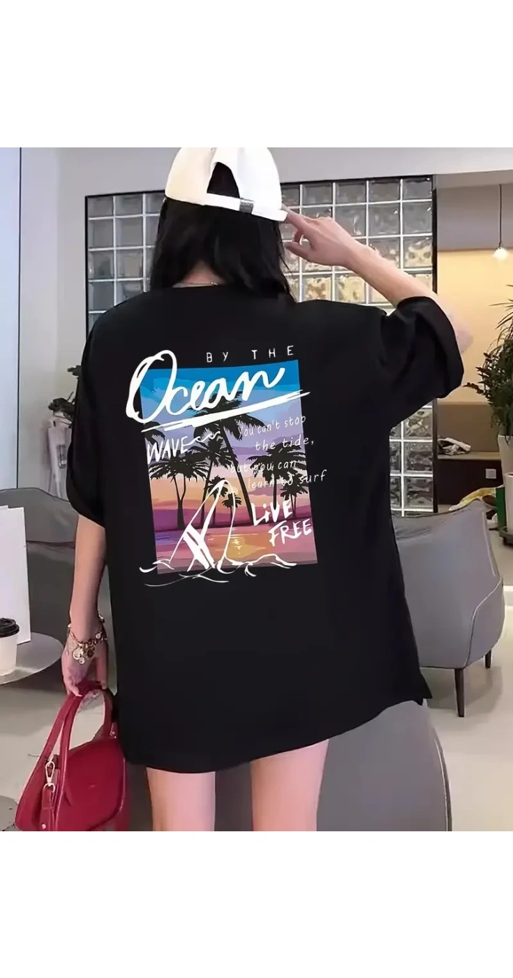 Kadın T-Shirt Pamuklu Tişört - Kısa Kollu Okyanus Baskılı