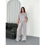 Kadın Osy Modal Yumuşak Kumaş Bisiklet Yaka T-shirt Bol paça Pantalon ikili Takım - Görsel 4