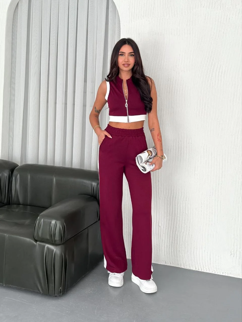 osy-modal-yumusak-dokulu-kumas-tam-fermuarli-crop-pantalon-ikili-takim-bordo-54426228-sw960sh1280 Kadın Osy Modal Yumuşak Dokulu Kumaş Tam Fermuarlı Crop Pantalon İkili Takım - Görsel 1