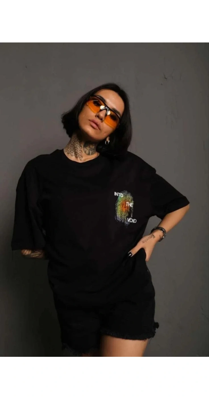 kadın Bisiklet Yaka Baskılı Oversize Kısa kol  T-Shirt