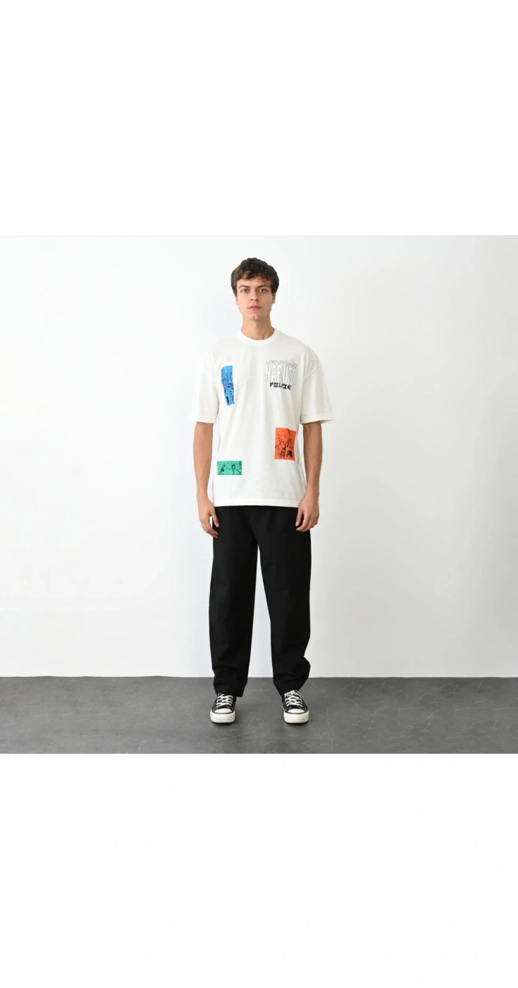 Erkek Bisiklet Yaka Baskılı Oversize  Kısa kol T-Shirt